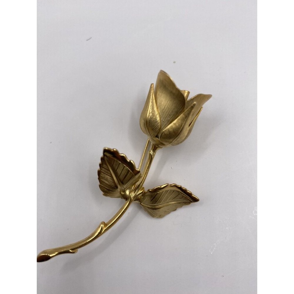 Vintage Giovanni Rose Brooch Pin Full Stem Gold Tone 3D Textured Signed
